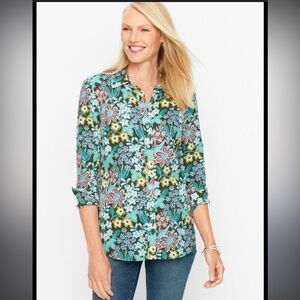 Talbots Botanical Turquoise Green Long Sleeve Lightweight Cotton Blouse